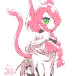  2018 :3 anthro arched_back blush braided_hair braided_ponytail butt cat_busters clothed clothing coat cotora domestic_cat felid feline felis female green_eyes hair hair_over_eye lab_coat looking_at_viewer mammal neko_hakase one_eye_obstructed partially_clothed pink_hair pinup ponytail portrait pose raised_tail side_view simple_background smile solo standing tail tail_under_skirt tail_upskirt thick_thighs topwear undressing upskirt whiskers white_background 