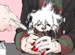  2boys :d =_= animal_collar black_jacket chain chain_leash chibi closed_eyes collar commentary danganronpa_(series) danganronpa_another_episode:_ultra_despair_girls dual_persona english_commentary fingernails glitch green_shirt hair_between_eyes holding holding_syringe jacket komaeda_nagito lapels leash messy_hair mini_person miniboy motion_blur multiple_boys no_fingers no_nose open_mouth outline red_nails red_shirt servant_(danganronpa) seumol_sx shaking shirt sleeves_rolled_up smile striped striped_shirt syringe teeth trembling two-tone_shirt upper_teeth_only white_hair white_outline 