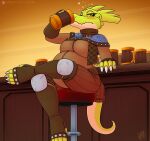  alcohol ale anthro bar bar_stool belly beverage big_belly big_breasts breasts claws clothed clothing digital_media_(artwork) drinking drxii female furniture hi_res kobold non-mammal_breasts pregnant pregnant_female reptile scalie simple_background solo stool 