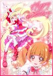  1girl :d aisaki_emiru bad_link blonde_hair brown_hair commentary commentary_request cure_macherie dress earrings eyebrows_hidden_by_hair eyelashes eyeshadow french_commentary frills gloves hair_ornament happy happy_birthday heart_pouch hugtto!_precure jewelry kamikita_futago long_hair looking_at_viewer magical_girl makeup medium_hair open_mouth pink_dress pink_eyes pom_pom_(clothes) pom_pom_earrings precure puffy_short_sleeves puffy_sleeves short_sleeves smile solo standing thighhighs thighs twintails very_long_hair white_gloves 
