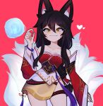  1girl absurdres ahri_(league_of_legends) animal_ears artist_name bangs bare_shoulders black_hair breasts cleavage collarbone contrapposto cowboy_shot detached_sleeves facial_mark fox fox_ears fox_girl fox_tail hair_between_eyes heart highres korean_clothes kumiho large_breasts league_of_legends long_hair looking_at_viewer magic mizah_(mizah) multiple_tails red_background red_sleeves smile solo tail whisker_markings white_sleeves yellow_eyes 