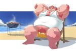  anthro armpit_hair beach beach_chair belly body_hair bulge chernobog chest_hair clothing demon fur happy_trail hi_res horn lifewonders male musclegut navel pecs pink_body pink_fur riisago sand sea seaside shirt solo swimwear tank_top tokyo_afterschool_summoners topwear water 