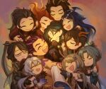  6+boys 6+girls :d black_hair brown_hair closed_eyes closed_mouth floating_hair gloves group_picture happy horns multiple_boys multiple_girls orange_hair original parted_bangs ponytail qiinamii simple_background smile 