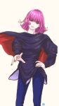  absurdres blue_cloak blue_pants blue_shirt blunt_bangs cloak cropped_legs gundam gundam_zz haman_karn highres key_(kagibangou) medium_hair pants pink_hair pink_lips purple_eyes purple_nails reaching_towards_viewer shirt sidelocks standing white_background 