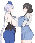  2girls absurdres armband arms_under_breasts backless_outfit backless_shirt bare_shoulders belt_pouch black_hair blue_dress blue_eyes blue_headwear blue_necktie blue_skirt blush braid braided_ponytail breast_press breasts brid_(nikke) bridal_gauntlets closed_eyes closed_mouth collared_shirt commentary cowboy_shot dress from_side garrison_cap goddess_of_victory:_nikke grey_hair gya_rb hair_between_eyes hair_over_shoulder hairband hat high-waist_skirt highres huge_breasts jacket long_hair long_skirt looking_at_another low-tied_long_hair low_ponytail mary_(nikke) multiple_girls necktie parted_lips pouch shirt sideboob sidelocks simple_background skirt sleeveless smile standing striped_necktie sweater sweater_dress symmetrical_docking white_background white_hairband white_jacket white_shirt 