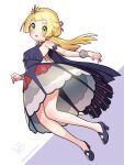  1girl alternate_color armlet bare_shoulders blonde_hair blush commentary_request cosplay dress eyelashes floating_hair full_body green_eyes hair_ribbon high_heels highres kinocopro lillie_(pokemon) long_hair open_mouth pink_ribbon pokemon pokemon_(game) pokemon_masters_ex pokemon_sm ribbon serena_(pokemon) serena_(pokemon)_(cosplay) short_dress sleeveless sleeveless_dress smile solo tiara twitter_username watermark wrist_cuffs 