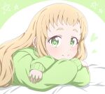  1girl absurdres blonde_hair cardigan crust_gm0 green_cardigan green_eyes highres inose_mai koisuru_asteroid long_hair looking_at_viewer on_bed simple_background solo 