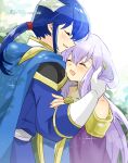  1boy 1girl bare_shoulders blue_cape blue_hair brother_and_sister cape circlet closed_eyes dress fire_emblem fire_emblem:_genealogy_of_the_holy_war headband holding_another&#039;s_arm holding_another&#039;s_hair implied_incest julia_(fire_emblem) ponytail purple_cape purple_hair seliph_(fire_emblem) siblings simple_background white_headband yukia_(firstaid0) 