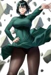  1girl absurdres bad_id bad_twitter_id breasts brown_pantyhose dress floating_rock fubuki_(one-punch_man) green_eyes green_hair hand_on_own_hip highres large_breasts lips long_sleeves looking_at_viewer one-punch_man pantyhose parted_lips short_hair solo standing yoshio_(55level) 