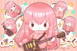  1girl blanket blush bocchi_the_rock! chibi closed_eyes copyright_name cube_hair_ornament flying_sweatdrops gotoh_hitori grey_skirt guitar hair_between_eyes hair_ornament highres holding instrument instrument_case jacket long_hair long_sleeves multiple_views nada_namie o_o one_side_up open_mouth pink_hair pink_jacket pleated_skirt plectrum signature simple_background sitting skirt sleeping sleeping_upright sparkle standing track_jacket twitter_username zzz 