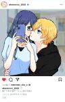  1boy 1girl blonde_hair blue_eyes blue_hair blurry blurry_background blush cellphone collarbone commentary_request fake_screenshot hetero highres holding holding_phone hoshino_aquamarine hug instagram kurokawa_akane lifted_by_self looking_at_another looking_at_viewer oshi_no_ko oyasumisuya partial_commentary phone puffy_short_sleeves puffy_sleeves selfie short_sleeves smartphone taking_picture translation_request twitter_username upper_body 