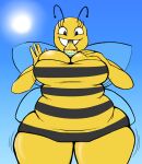  anonymous_artist antennae_(anatomy) anthro arthropod bee between_breasts big_breasts black_antennae black_clothing black_dress black_eyelashes black_eyes blue_sky breasts chubby_female cleavage cleavage_overflow clothed clothing cooking_oil dress eyelashes female glistening glistening_eyes grin hand_on_breast hi_res hymenopteran insect insect_wings long_eyelashes multicolored_clothing multicolored_dress noseless object_between_breasts oil outside pattern_clothing pattern_dress russian_cooking_oil_commercial shaded simple_background simple_shading sky smile solo striped_clothing striped_dress stripes sun teeth teeth_showing thick_thighs translucent translucent_wings two_tone_clothing two_tone_dress wide_hips wings yellow_body yellow_clothing yellow_dress 