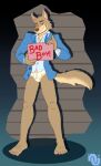  anthro barefoot blue_clothing blue_coat blue_dress_shirt blue_shirt blue_topwear briefs brown_body brown_fur brown_nose clothing coat dreamworks dress_shirt english_text feet fur holding_object holding_sign male mr._wolf_(the_bad_guys) nenana-uso open_mouth pantsless shirt sign smile solo teeth_showing text the_bad_guys tighty_whities topwear underwear white_briefs white_clothing white_underwear yellow_sclera 