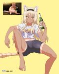  1girl absurdres alcohol animal_ear_fluff animal_ears artist_logo artist_name barefoot beer black_shorts blonde_hair bottle cat cat_ears cat_girl cat_tail collarbone commentary drink feet foot_out_of_frame hair_over_shoulder hairband hand_up highres holding holding_bottle holding_drink knee_up legs long_hair looking_at_viewer midriff navel nisp_art original personification reference_inset russian_commentary shirt short_sleeves shorts simple_background slit_pupils smirk solo spread_legs spread_toes stomach tail toenails toes white_shirt yellow_background yellow_eyes 