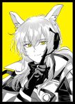  1girl animal_ear_fluff animal_ears arknights black_border black_gloves border closed_mouth gloves greyscale hair_between_eyes headset highres horse_ears implied_extra_ears jacket long_hair looking_at_viewer monochrome nearl_(arknights) onasu_(nasubinari) portrait simple_background smile solo spot_color yellow_background yellow_eyes 