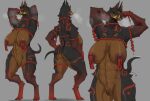  2023 abs absurd_res anthro areola belly_nipples big_breasts biped black_body black_fur black_sclera breasts brown_body brown_fur butt canid canid_demon canine canis claws demon digital_media_(artwork) digitigrade dobermann domestic_dog fangs female flexing_bicep full-length_portrait fur genitals gold_(metal) gold_tooth grey_background hands_behind_head hi_res looking_at_viewer lvlirror mammal markings mostly_nude_anthro mostly_nude_female muscular muscular_anthro muscular_female nipples paws pinscher portrait pussy red_markings simple_background solo standing talisman talisman_pasties teeth toe_claws 