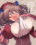  !? 1girl between_breasts blush bouncing_breasts bound bound_arms breasts breasts_out bright_pupils brown_background brown_hair clothes_between_breasts embarrassed hat juliet_sleeves large_breasts long_sleeves motion_blur motion_lines nipples nose_blush open_mouth original oshiruko_(tsume) pink_eyes puffy_sleeves red_headwear short_hair simple_background solo tearing_up two_side_up upper_body v-shaped_eyebrows 