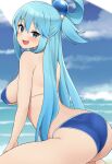  1girl aqua_(konosuba) ass bare_shoulders bikini blue_bikini blue_eyes blue_hair blush breasts hair_ornament highres jampen kono_subarashii_sekai_ni_shukufuku_wo! large_breasts long_hair looking_at_viewer looking_back open_mouth sidelocks single_hair_ring smile solo swimsuit thighs 