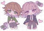  1boy 1girl black_jacket blunt_bangs brown_hair brown_socks brown_thighhighs character_name chibi computer danganronpa:_trigger_happy_havoc danganronpa_(series) danganronpa_2:_goodbye_despair flipped_hair fujisaki_chihiro green_eyes green_jacket grey_shirt handheld_game_console happy_birthday heart highres hood hood_down hooded_jacket jacket kneehighs medium_hair medium_skirt nanami_chiaki neck_ribbon open_clothes open_jacket pink_eyes pink_footwear pink_ribbon pleated_skirt ribbon ru-pe_(gstm_0915) shirt shoes sitting skirt socks thighhighs two-tone_shirt 