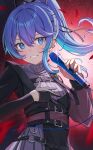  1girl absurdres black_gloves blue_eyes blue_hair chameleon_(chameleon0613) ear_piercing gloves hair_between_eyes hand_on_own_chest highres holding holding_microphone hololive hoshimachi_suisei hoshimachi_suisei_(7th_costume) long_hair long_sleeves looking_at_viewer microphone piercing ponytail skirt smile solo sweater teeth turtleneck turtleneck_sweater virtual_youtuber 
