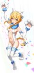  1girl absurdres animal_ears animal_hands arm_up armpits ass_visible_through_thighs bare_shoulders bell blonde_hair blue_ribbon breasts cat_ears cat_tail center_opening elbow_gloves fake_animal_ears flower full_body fur_collar genshin_impact gloves hair_flower hair_ornament hairband hand_up highleg highleg_leotard highres jingle_bell leotard looking_at_viewer lumine_(genshin_impact) matmaj medium_breasts navel open_mouth paw_gloves paw_shoes revealing_clothes ribbon short_hair_with_long_locks smile solo stomach tail tail_ornament tail_ribbon thighhighs thighs white_gloves white_hairband white_leotard white_thighhighs yellow_eyes 