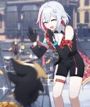  1girl 1other black_gloves black_shorts black_sleeves blurry closed_eyes coin commentary cowboy_shot dancing detached_sleeves elbow_gloves game_screenshot_background gloves grey_hair hair_between_eyes hair_ornament happy high-waist_shorts highres honkai:_star_rail honkai_(series) jalhanda_jalhanda_naesaekki!!!!! lix_(iroiro3843) meme mole mole_on_thigh multicolored_hair numby_(honkai:_star_rail) open_hands open_mouth outdoors parody short_hair shorts smile standing streaked_hair thigh_strap topaz_(honkai:_star_rail) white_hair 