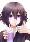  1girl absurdres black_shirt brown_hair closed_mouth cup grimace_shake_(meme) highres holding holding_cup levana_violette_(lusan666) lusan666 meme original purple_eyes shirt short_hair solo t-shirt thumbs_up white_background 