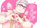  &gt;3&lt; &gt;_o 1boy :3 bara blue_eyes blush bow bowtie collared_shirt crave_saga cupid_(crave_saga) double_finger_heart finger_heart forked_eyebrows frilled_shirt frills from_below goatee_stubble grey_hair heart heart_background heart_hands heart_print jewelry looking_at_viewer male_focus mini_wings one_eye_closed pink_shirt pink_theme plump red_bow red_bowtie ring shirt short_hair sideburns sleeves_rolled_up solo suspenders suv_(suv032) thick_eyebrows undercut upper_body wings 