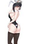  1girl absurdres alternate_breast_size amai-pai animal_ears armpits black_hair black_thighhighs blue_archive breasts highres large_breasts playboy_bunny rabbit_ears red_eyes rio_(blue_archive) solo sweat thighhighs 