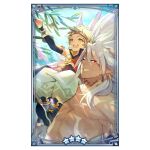  2boys abs artist_request black_footwear blue_sky carrying carrying_person detached_sleeves dragalia_lost ear_piercing earrings food fruit green_hair hand_on_another&#039;s_head holding holding_food holding_fruit jewelry light_rays looking_at_food male_focus mei_hou_wang multiple_boys official_art on_shoulder open_mouth peach pectorals piercing pointy_ears red_eyeliner sky smile star_(symbol) topless_male tree white_hair wu_kong_(dragalia_lost) 