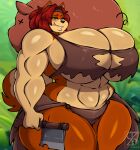  2023 abs absurd_res ambiguous_gender anthro big_breasts breasts domestic_pig duo female feral grass hair hi_res holding_object huge_breasts mama_maria mammal muscular muscular_female outside plant red_hair suid suina superix sus_(pig) thick_thighs tongue x_eyes 