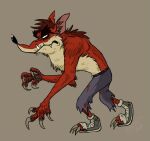  2021 4_fingers activision anthro autumn_schneider bandicoot biped black_nose bottomwear brown_background claws clothed clothing crash_bandicoot_(series) evil_crash eyebrows fingers footwear full-length_portrait fur male mammal marsupial pants portrait red_body red_fur shoes side_view simple_background solo standing toe_claws topless year 