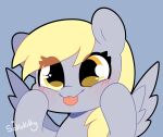  &lt;3 &lt;3_eyes 2023 blonde_hair blonde_mane blue_background blush blush_lines bust_portrait derpy_hooves_(mlp) digital_media_(artwork) equid equine eyelashes female feral friendship_is_magic grey_body hair hasbro hi_res mammal mane my_little_pony pegasus portrait sakukitty signature simple_background solo tongue tongue_out wings yellow_eyes 