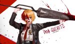  1girl arms_up badge black_coat black_jacket blood blood_in_hair blood_on_clothes blood_on_face blood_on_hands blood_on_weapon blood_splatter character_name choroi_amachori coat collared_shirt copyright_name debris don_quixote_(limbus_company) hair_between_eyes high-waist_pants highres holding holding_polearm holding_weapon jacket lance limbus_company long_sleeves looking_at_viewer necktie open_clothes open_coat open_mouth orange_eyes orange_hair pants polearm project_moon red_necktie shirt short_hair simple_background solo spanish_text weapon white_background white_shirt 