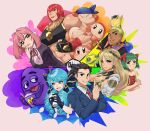  4boys 4girls 6+others absurdres ace_attorney androgynous armor biceps black_gloves black_hair black_sports_bra blonde_hair blue_bow blue_eyes blue_gloves blue_hair blue_jacket blue_suit blush blush_stickers bow braid breasts brown_eyes chain chain_necklace collared_shirt color_coordination color_wheel color_wheel_challenge copy_ability crossover crown_braid dark-skinned_male dark_skin demeter_(fate) detached_sleeves dizzy_(valorant) dress drill_hair earrings fate/grand_order fate_(series) feathers fingerless_gloves flower gekko_(valorant) gloves gold_chain green_eyes green_hair grimace_(mcdonald&#039;s) gwen_(league_of_legends) hair_bow hair_flower hair_ornament hanazono_hakari hand_wraps head_wreath highres jacket jewelry kimi_no_koto_ga_dai_dai_dai_dai_daisuki_na_100-nin_no_kanojo kirby_(series) large_breasts laurel_crown league_of_legends long_hair long_sleeves looking_at_viewer marisa_(street_fighter) mcdonald&#039;s medium_hair milkshake minase_itsuki_(vs_janshi_brand-new_stars) multiple_boys multiple_crossover multiple_girls multiple_others muscular muscular_female neck_tattoo necklace necktie one_eye_closed open_mouth otoko_no_ko pauldrons phoenix_wright pink_hair purple_eyes red_bow red_dress red_hair red_necktie ruga_(vagryu) school_uniform shirt short_hair shoulder_armor smile spiked_hair sports_bra street_fighter street_fighter_6 suit tall_female tattoo thrash_(valorant) toon_(style) triceps twin_drills twintails upper_body valorant veins veiny_arms vs_janshi_brand-new_stars waddle_dee white_feathers white_shirt white_sleeves wingman_(valorant) 