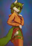  abstract_background anthro bottomwear bristlebunnyart butt clothed clothing clothing_lift felid feline fur green_body green_fur hi_res hoodie male mammal presenting presenting_hindquarters skirt skirt_lift solo topwear 