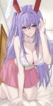  1girl 7saki animal_ears bare_shoulders blush bra breasts cleavage collarbone commentary_request crossed_bangs full_body hair_between_eyes hand_up highres indoors kneeling large_breasts light_blush lips long_hair looking_at_viewer navel on_bed open_mouth pink_eyes pink_skirt pleated_skirt purple_hair rabbit_ears rabbit_girl reisen_udongein_inaba skirt smile solo teeth touhou underwear white_bra 