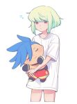  1boy blue_hair character_doll cowboy_shot galo_thymos green_hair half-closed_eyes highres holding holding_stuffed_toy kome_1022 lio_fotia male_focus no_pants otoko_no_ko pants promare purple_eyes red_pants shirt short_hair simple_background sleepy solo stuffed_toy white_background white_shirt 