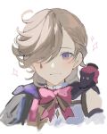  1boy animal_on_shoulder aroha252538 black_cat blush bow bowtie cat cat_on_shoulder chibi closed_mouth genshin_impact grey_hair hair_over_one_eye highres looking_at_viewer lyney_(genshin_impact) male_focus no_headwear pink_bow portrait purple_eyes short_hair simple_background sketch smile solo sparkle white_background 