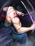  1boy absurdres artist_request bruise clothes_down feet_out_of_frame fighting_stance green_hair highres holding holding_sword holding_weapon injury japanese_clothes kimono long_sideburns looking_ahead male_focus mouth_hold muscular muscular_male one_piece open_clothes open_kimono roronoa_zoro short_hair sideburns solo sword topless_male triple_wielding weapon 