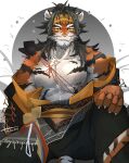  1boy abs absurdres arknights bare_pectorals claws furry furry_male headband highres huai_tianpei_(arknights) long_hair looking_at_viewer male_focus monochrome mouth_hold mrcat144 orange_fur pectorals smile solo stalk_in_mouth striped tiger_boy yellow_headband 