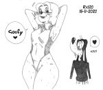  &lt;3 2020 absurd_res anthro artist_name black_nose blush bodily_fluids breasts canid canine canis clothing dated disney domestic_dog duo eyebrows eyelashes eyewear female glasses goof_troop goofy_(disney) hair hands_behind_head hi_res looking_at_viewer male mammal medium_breasts ms._pennypacker one-piece_swimsuit raised_arms rx120 short_hair simple_background smile speech_bubble sweat swimming_trunks swimwear text white_background 