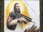  1boy art_tools_in_frame assault_rifle beard black_eyes brown_facial_hair brown_hair brown_robe bullpup closed_mouth colored_pencil colored_pencil_(medium) commentary cosplay cropped_torso dated english_commentary facial_hair famas gun handle holding holding_gun holding_weapon ian_mccollum instagram_username jesus jesus_(cosplay) long_hair long_sleeves looking_ahead lorin_michki male_focus mature_male multicolored_background mustache nose orange_background paper path pencil photo_(medium) real_life realistic red_sash rifle robe sash signature solo traditional_media upper_body veil watermark weapon white_background yellow_background 
