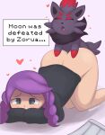  &lt;3 bottomwear butt canid canine clothed clothing digital_media_(artwork) duo female feral from_behind_position fur generation_5_pokemon hair hi_res human male male/female mammal moonabloom nintendo penetration pokemon pokemon_(species) purple_hair red_body red_fur sex simple_background skirt text thick_thighs zorua 