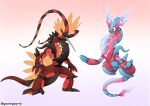  absurdres antennae buzzwole fusion goom_(goomyparty) gradient_background highres koraidon miraidon muscular pink_background pokemon porygon proboscis purple_background standing twitter_username white_background 