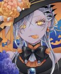  1girl bat_ornament black_bow bow bowtie candy earrings fang food glowing glowing_eyes grey_hair hair_ornament halloween hat jewelry kuroi_(liar-player) lollipop looking_at_viewer original solo witch_hat yellow_eyes 