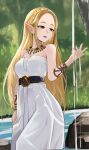 1girl absurdres anizi armlet bare_shoulders belt blonde_hair braid breasts crown_braid dress feet_out_of_frame green_eyes highres large_breasts long_hair pointy_ears princess_zelda solo teeth the_legend_of_zelda the_legend_of_zelda:_breath_of_the_wild triforce_print upper_teeth_only water white_dress 