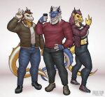  anthro clothed clothing dragon female footwear godrelion_(character) group hi_res jacket male phone pose rawslaw5 scalie selfie shoes topwear trio western_dragon 
