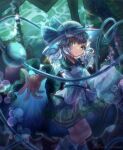  1girl alternate_color blue_ribbon boots bright_pupils closed_mouth floral_print green_eyes green_skirt hat hat_ribbon heart heart_of_string highres komeiji_koishi komeiji_koishi_(spontaneous_white_beauty) kopi_(user_ajtn7422) long_sleeves looking_at_viewer medium_hair ribbon rose_print shirt skirt solo third_eye touhou touhou_lostword white_hair white_hat white_pupils white_shirt wide_sleeves 