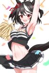  1girl ahoge animal_ears armpits belly black_hair cheerleader commentary_request hair_between_eyes hair_ornament horse_ears horse_girl horse_tail kitasan_black_(umamusume) looking_at_viewer midriff open_mouth red_eyes simple_background solo tail tsumu618 umamusume white_background 